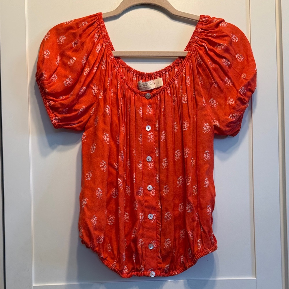 Like new Beachgold Bali Orange Floral Puff Sleeve Blouse